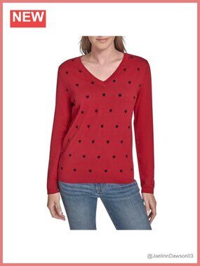 V-Neck Long Sleeve Cotton Heart Print Pullover Sweater